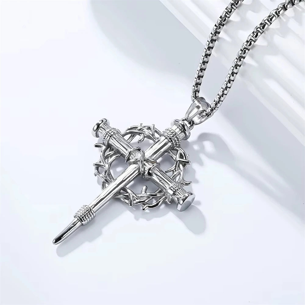 REDheart Thorn Wreath Cross Religious Anti Non Tarnish WaterProof Stainless Steel Fashion Jewelry Pendant Necklaces for Men