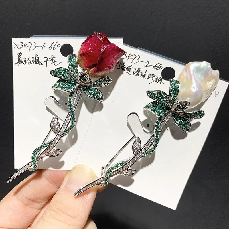 Clearance Sale 18K Gold Plated Copper Zircon Baroque Freshwater Pearl Rose Brooch Engagement Gift for Children's