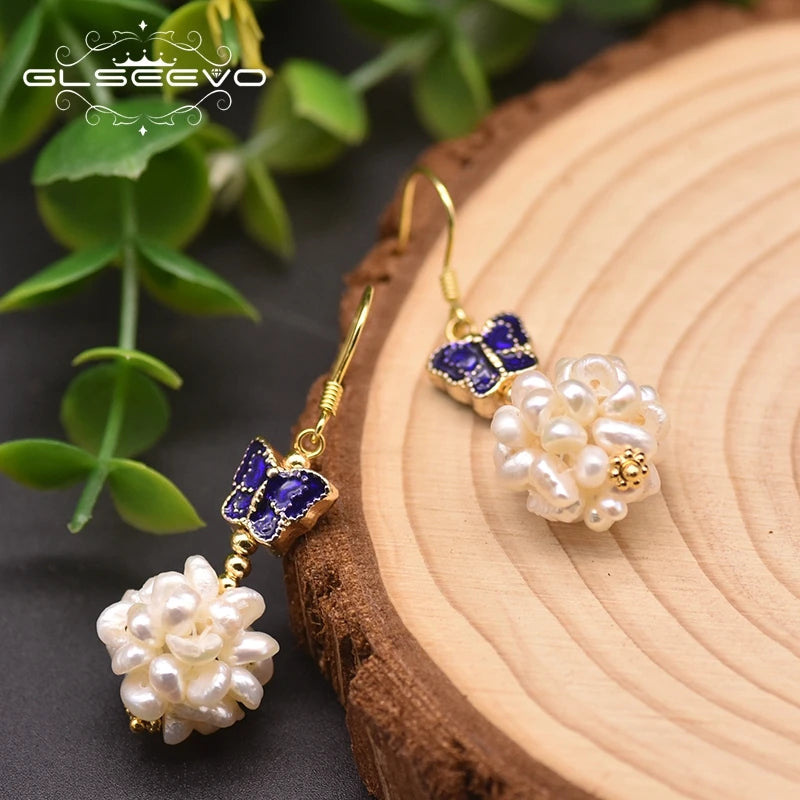 Natural Fresh Water Pearl Cloisonne Butterfly Romantic Drop Earrings Designer Spherical Charm Earrings for Women