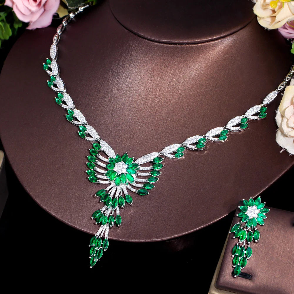 Wholesale Women Luxury Jewelry Cubic Zirconia Stone Paved Necklace and Drop Earrings Bridal Green Jewelry Set for Wedding