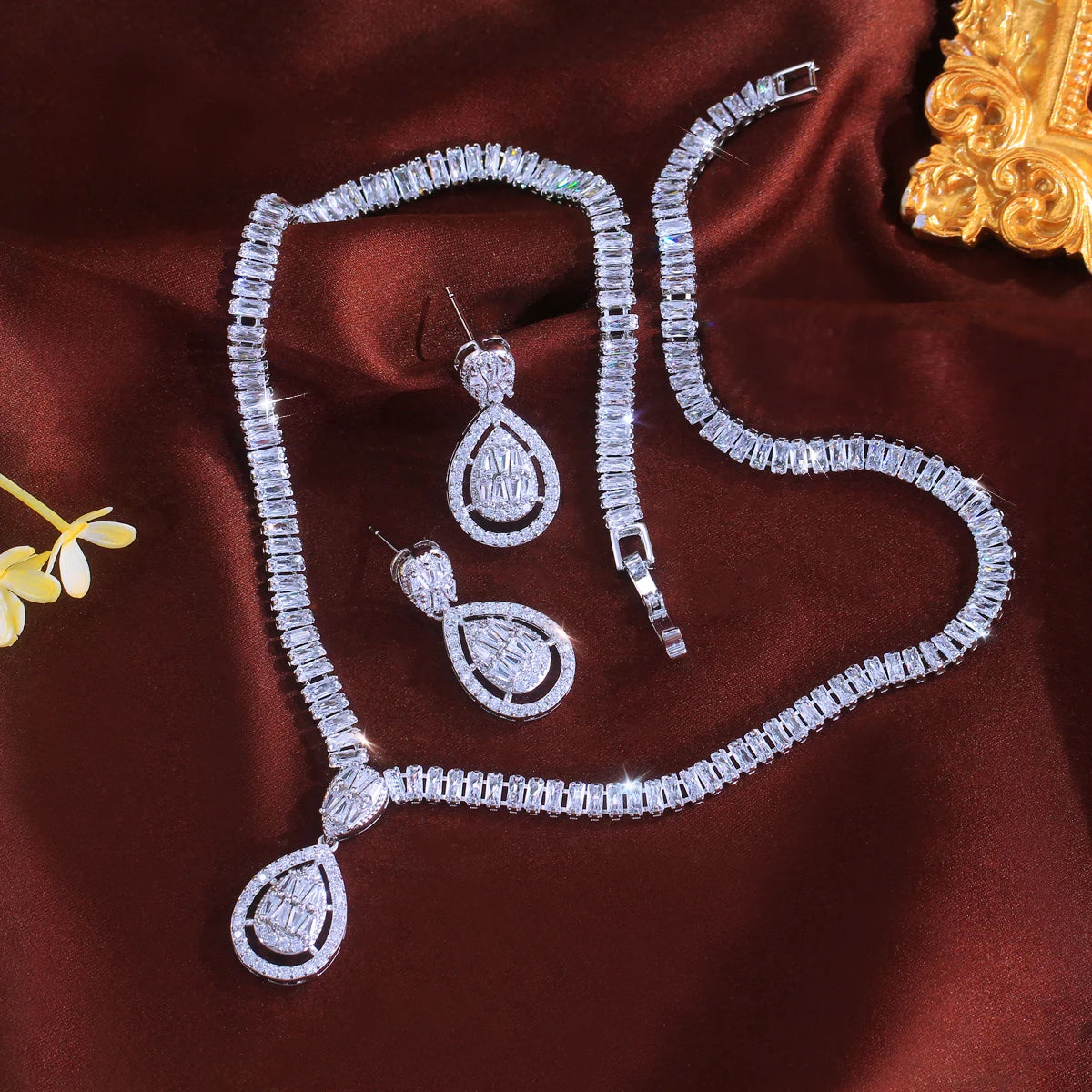 Rhodium Plated Baguette Tennis CZ Jewelry Set Cubic Zircon Drop Dangle Necklace Earrings Jewelry Set for Fiancee Engagement
