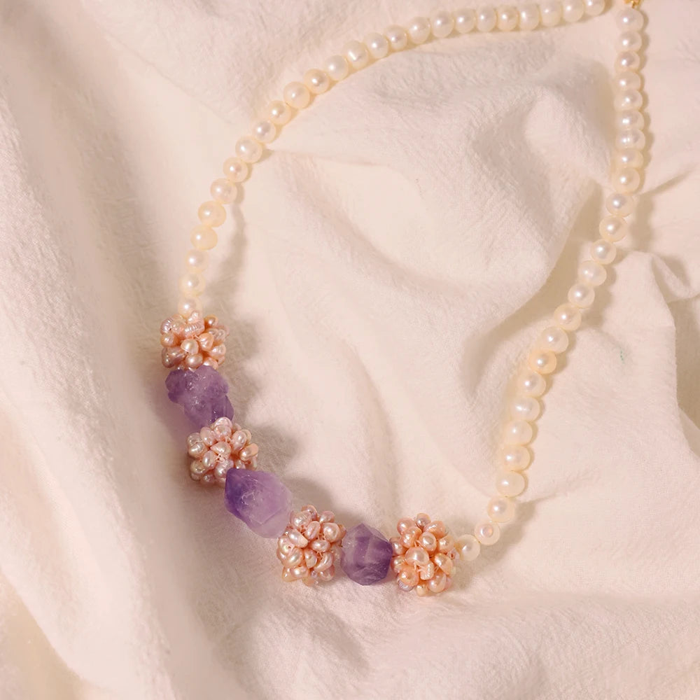 Amethyst Flower Ball Decorative Necklace Natural Freshwater Pearl Flower Cluster Necklace Hand Beaded