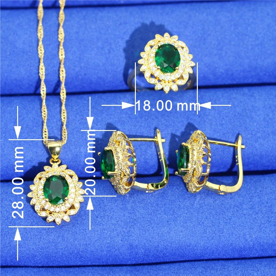 XOTICA Women's Gold Plated Classic Style Jewelry Set with Green Zircon Includes Earrings Necklace Pendant Ring for Wedding or Party