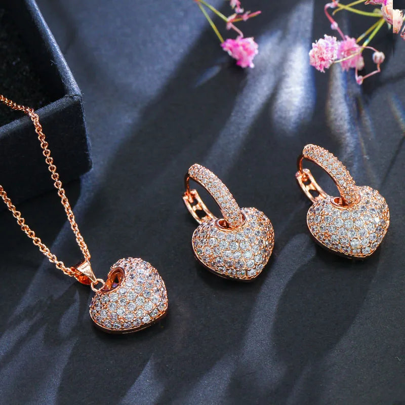 S&S Heart Shape CZ Pendant Necklace & Earrings Set – Rose Gold & Silver – Collection