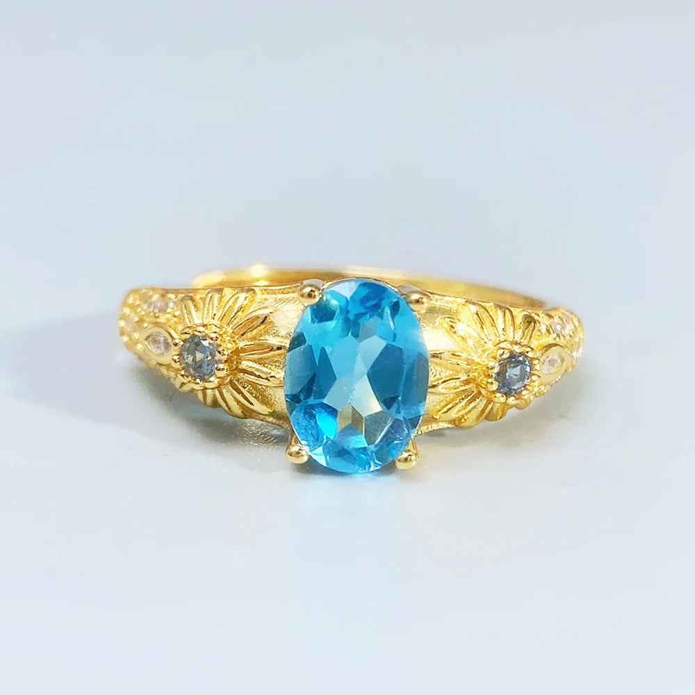 Gioiellieri Swiss Blue Topaz Silver Ring with Natural Blue Stone for Wedding Engagement in 925 Sterling Silver Band for Her Fine Jewelry