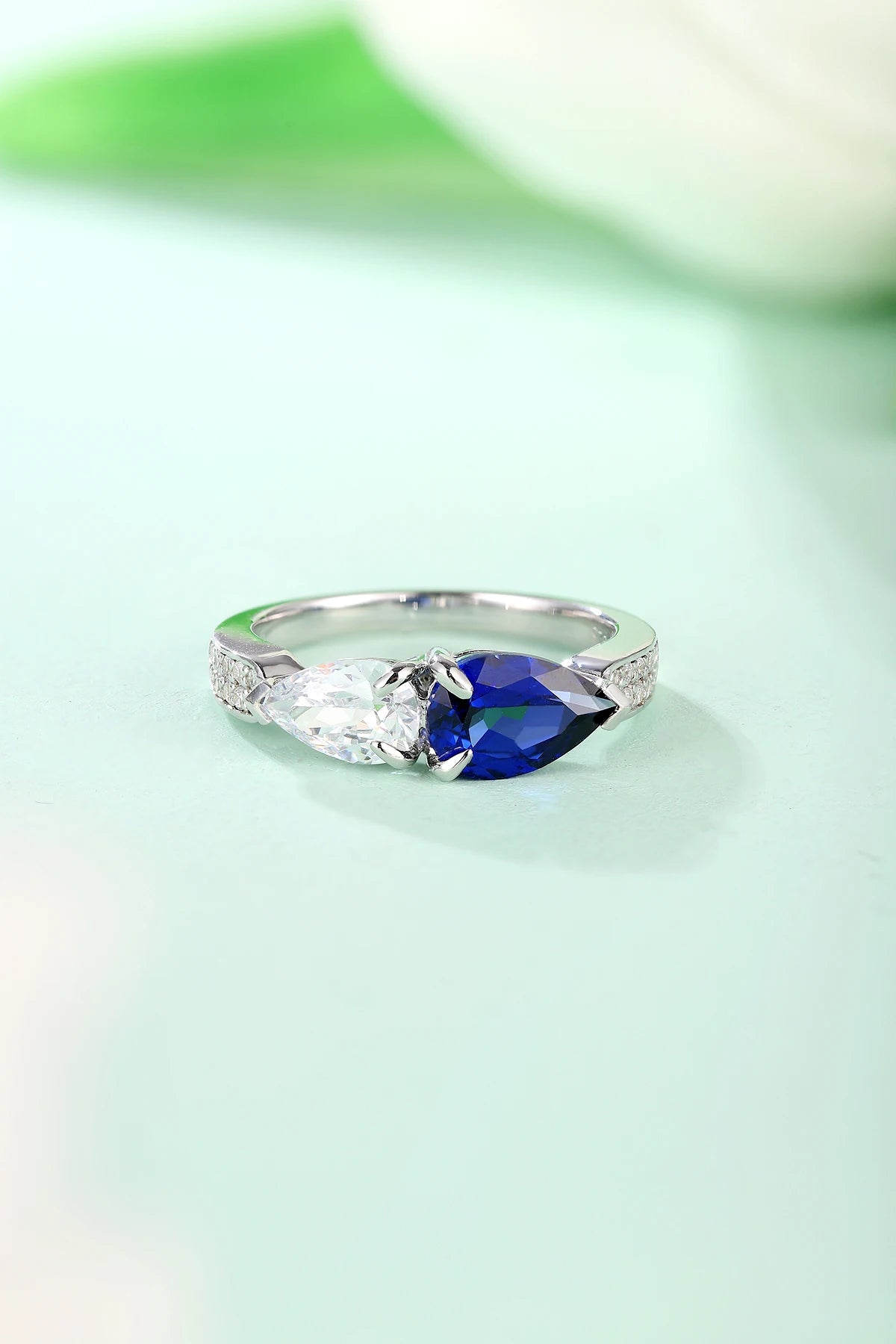 Gemfiori Fine Jewelry With Lab Created Sapphire Diamond Banding Classic Pear Design 925 Sterling Silver Women Rings