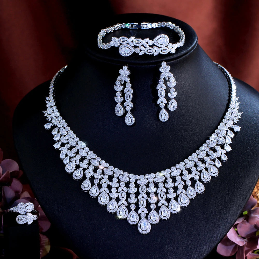 Silver Plated Cubic Zirconia Nigerian Wedding Bridal Long Leaf Tassel Jewelry Set Ring Necklace Earrings Bracelet for Brides