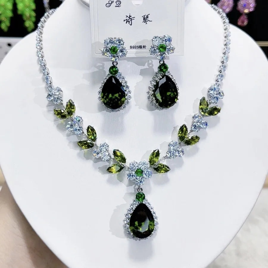 K081 High End Women Exquisite Luxurious Flower Water Drop Zircon Bridal Necklace Earrings Set Wedding Elegant Jewelry Set