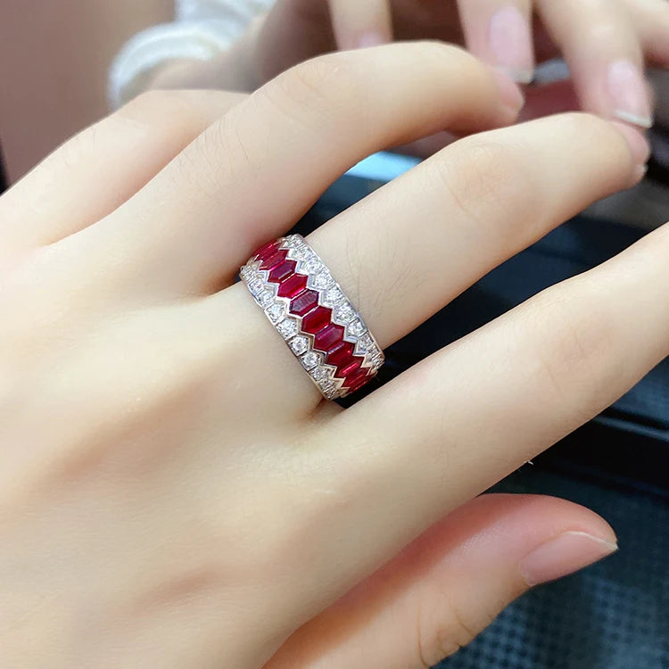 Gemfiori 925 Sterling Silver Jewelry Faux Diamond Eternity Rings Men's Lab Created Rubies Engagement Rings for Women