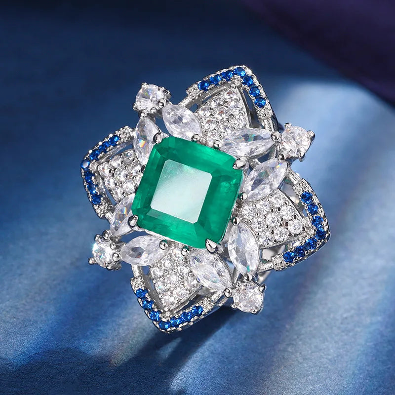 Gemfiori New Design Emerald Zircon Pendant Earrings Ring Light Luxury Niche High-end Feeling Sweet Temperament Set of Accessories