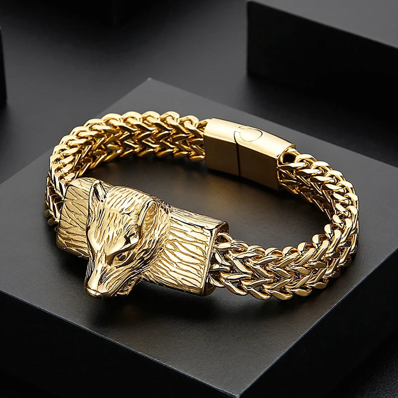 REBEL Punk Fine Jewelry Fashion Bracelets Men Stainless Steel Wolf Head Links Bracelet Bangle
