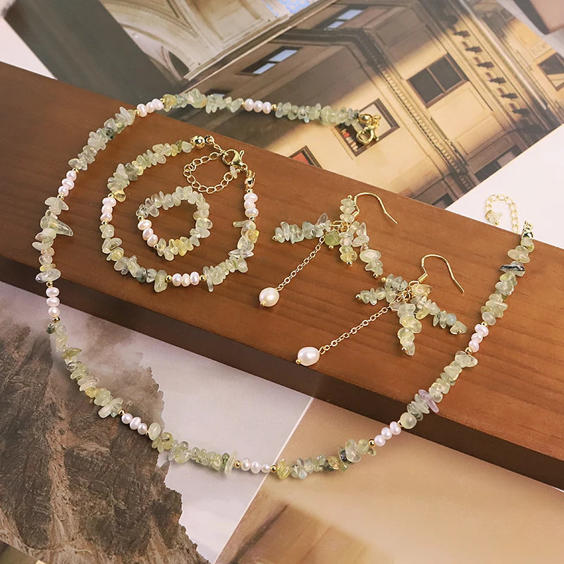GLSEEVO Natural Freshwater Pearl & Green Prehnite 4-Piece Jewellery Set — Necklace, Bracelet, Earrings & Ring