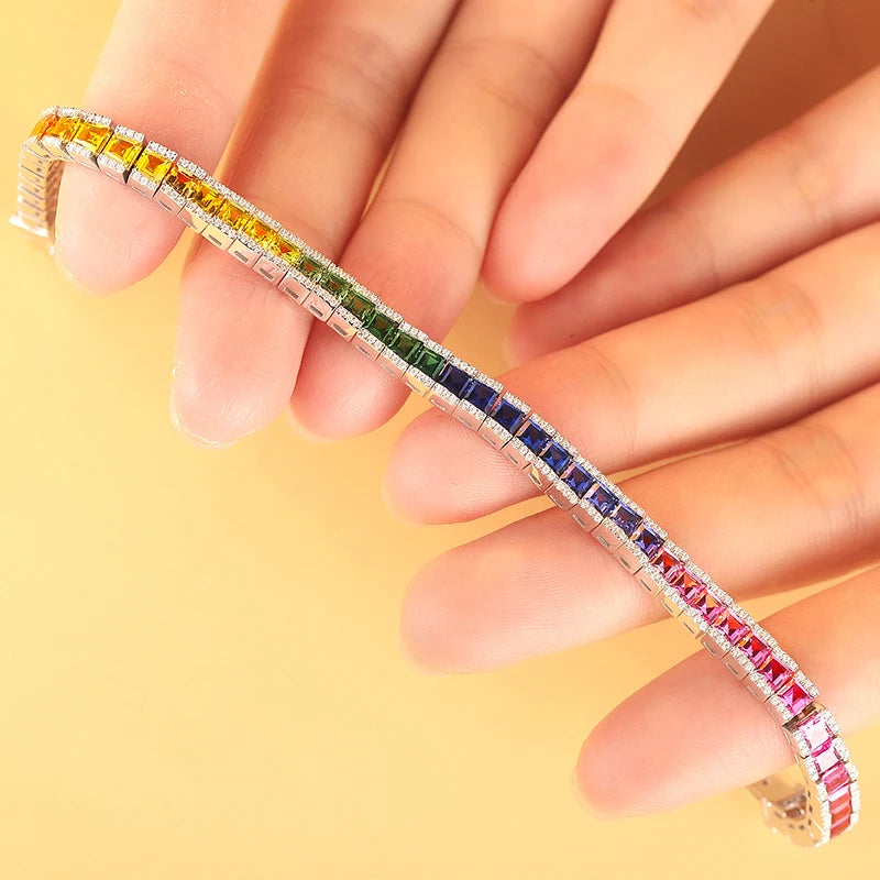 Gemfiori Luxurious and Fashionable Bracelet 925 Silver Rainbow Color Lab Grown Sapphire Tennis Bracelet 3.3mm Princess Shape Gemstones