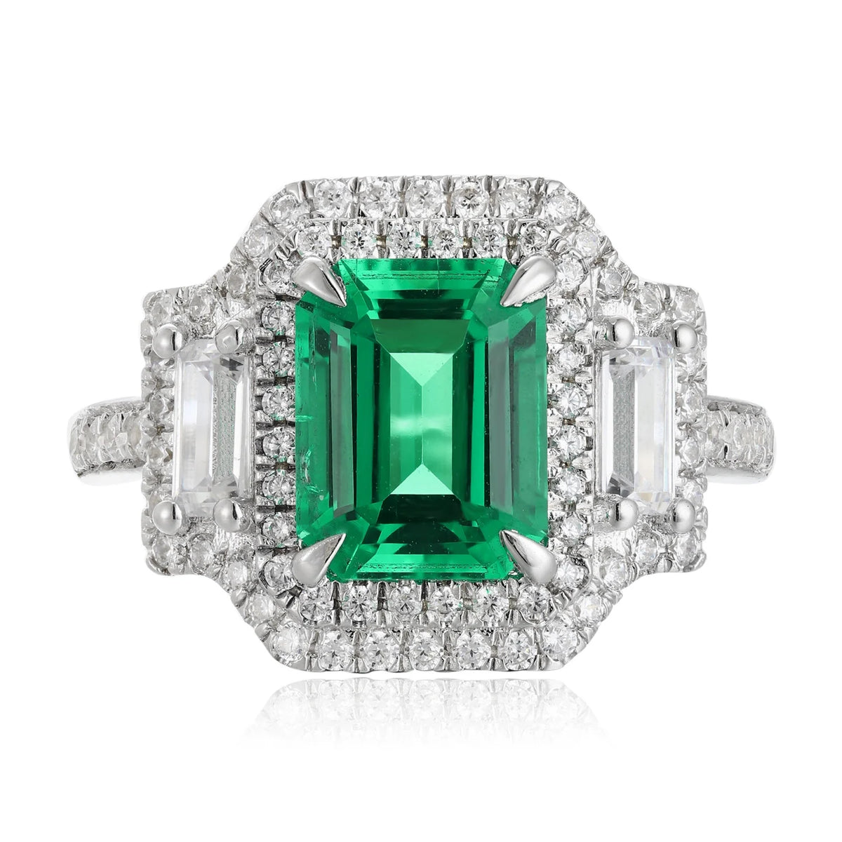 Gemfiori Custom 925 Sterling Silver Emerald Cut Lab Grown Emerald Engagement Ring Lab Created Green Emerald Jewelry