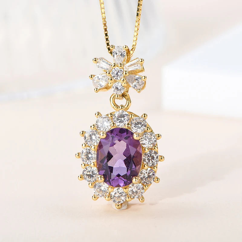 Gioiellieri 925 Sterling Silver 18K Gold Plated Pendant with Natural Amethyst Cut Gemstone Original Style Women's Everyday Wear