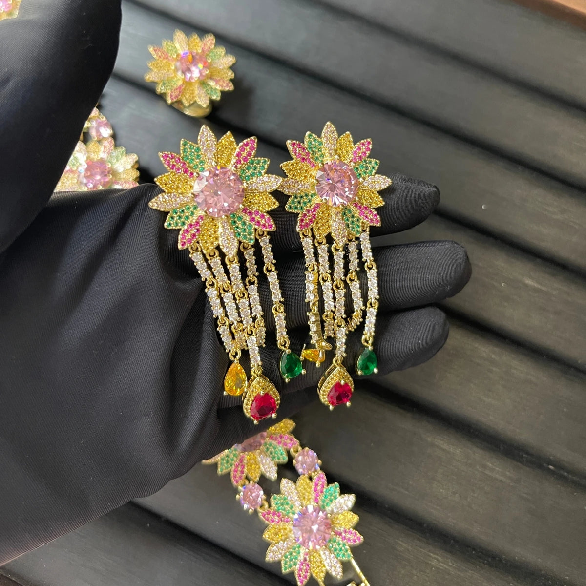 Gemfiori TIANSHE Colorful Zircon Sunflower Earrings Bracelet Ring Women's Luxury Jewelry 3pcs Set for Banquet Accessories