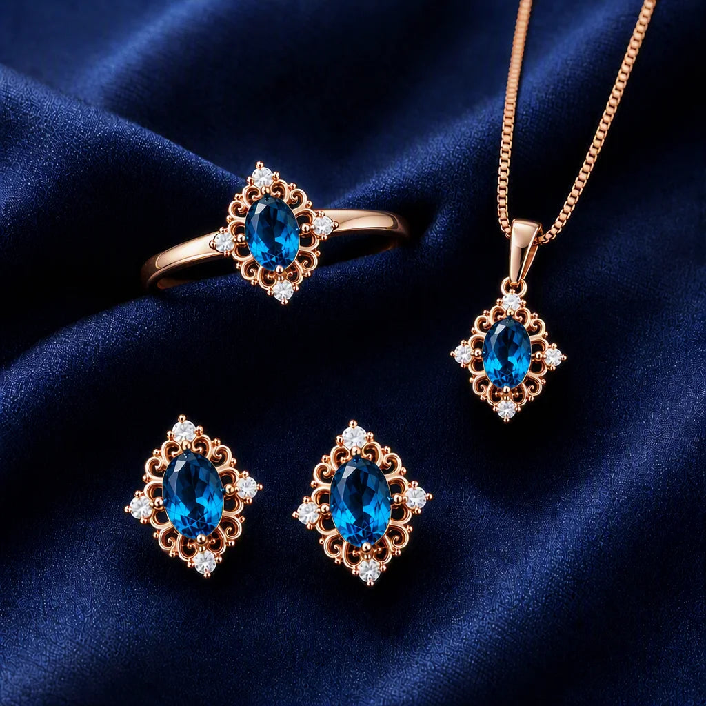 Natural London Blue Topaz 925 Sterling Silver Jewelry Set Pendant Ring Earrings for Women Trendy Fashion Gift Elegant Party