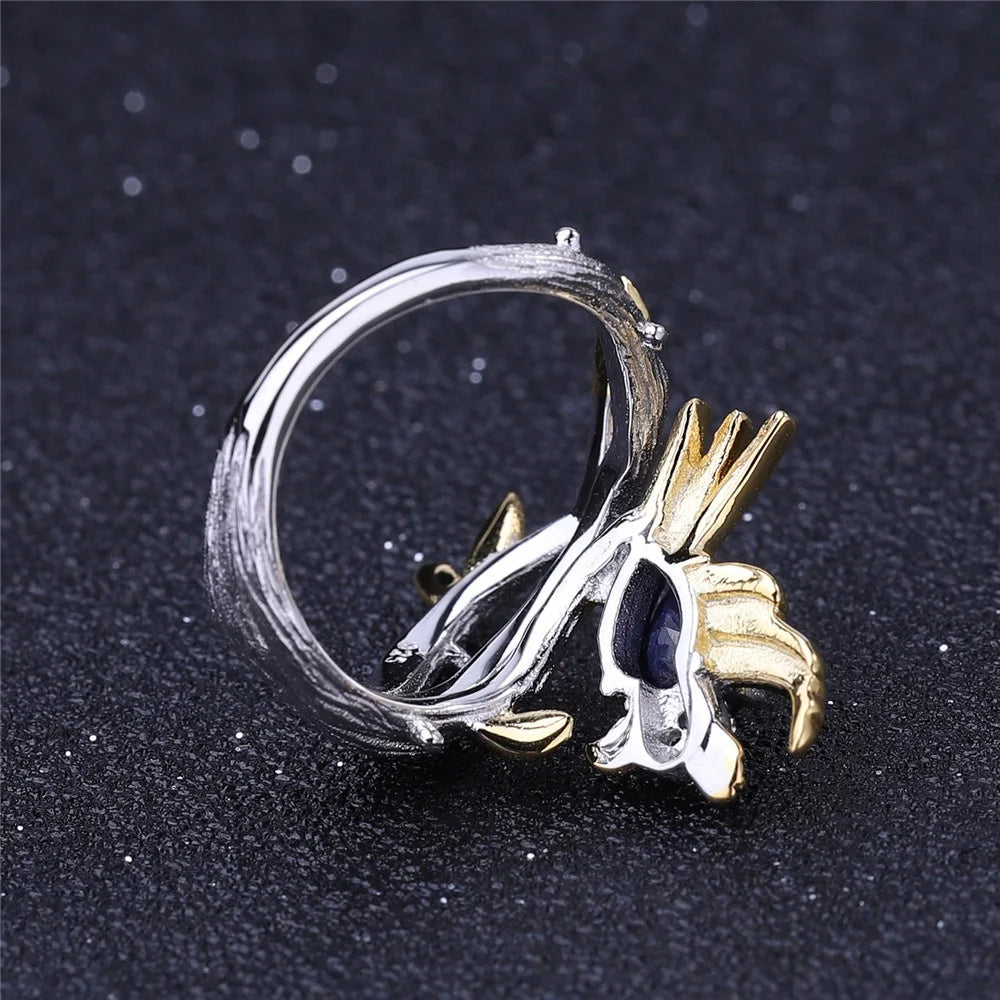 ArtistA Custom Designer S925 Jewelry Natural Gemstone Diffusion Sapphire 925 Sterling Silver Bird Tree Branch Ring