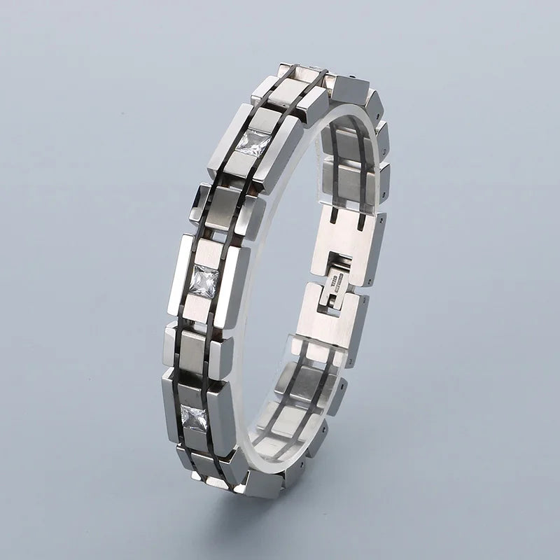 KALEN Plain Style Fashion Jewelry Bracelets Rhinestones Stainless Steel Men Bracelet Homme