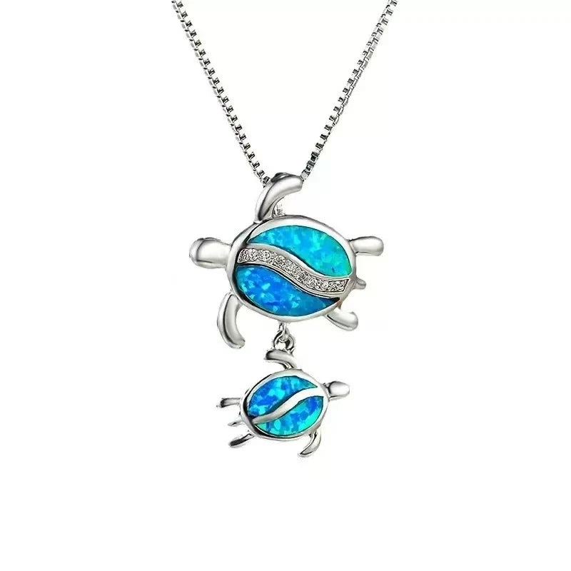 Chic Vintage Christian Double Turtle Motif Copper Opal Box Chain Necklace Aobao Geometric Pendant Party Fashion Jewelry