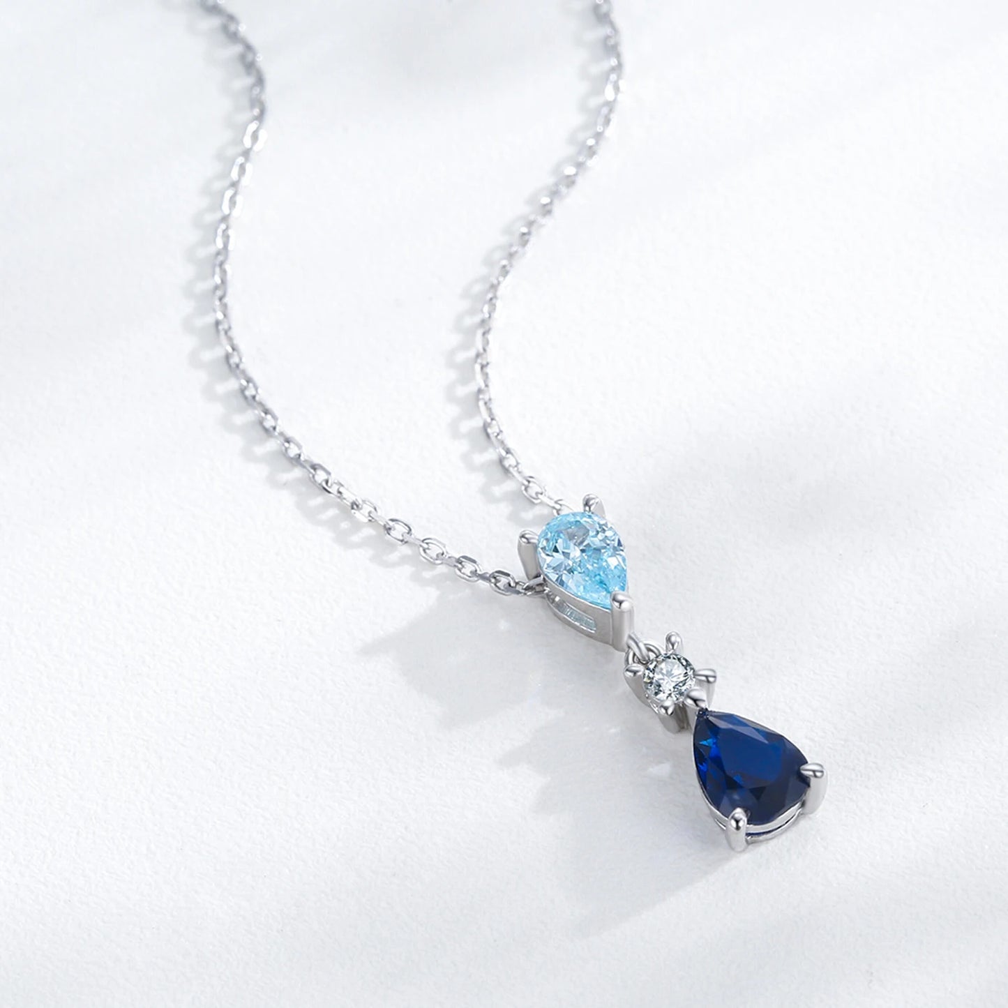 Ailmay 925 Sterling Silver Blue Series Droplet Shaped Zircon Pendant Necklace Earrings Set for Women Wedding Engagement Jewelry