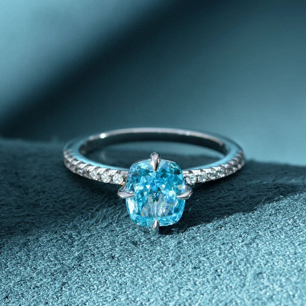 MuShan Jewelry Factory 925 Silver Ring 1.5 Carat Cushion Shaped 6.5*7.5 High Carbon Diamond European and American Women Ring
