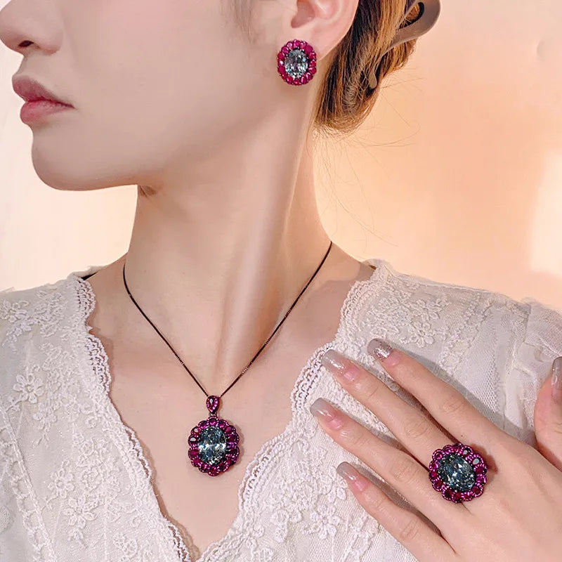 REDheart Fashion Geometry Inlaid Zircon Gold Plated Earrings Black Gray Retro Gold Pendant Necklace Jewelry Set for Party