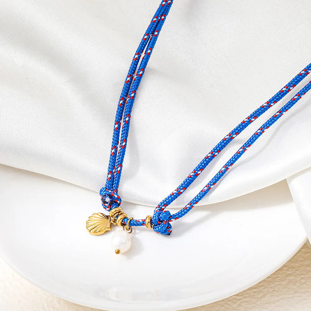 Joolim PVD Plated Wholesale Waterproof Fashion Nautical Shell Pearl Pendant Nylon Rope Chian Necklace Stainless Steel Jewelry