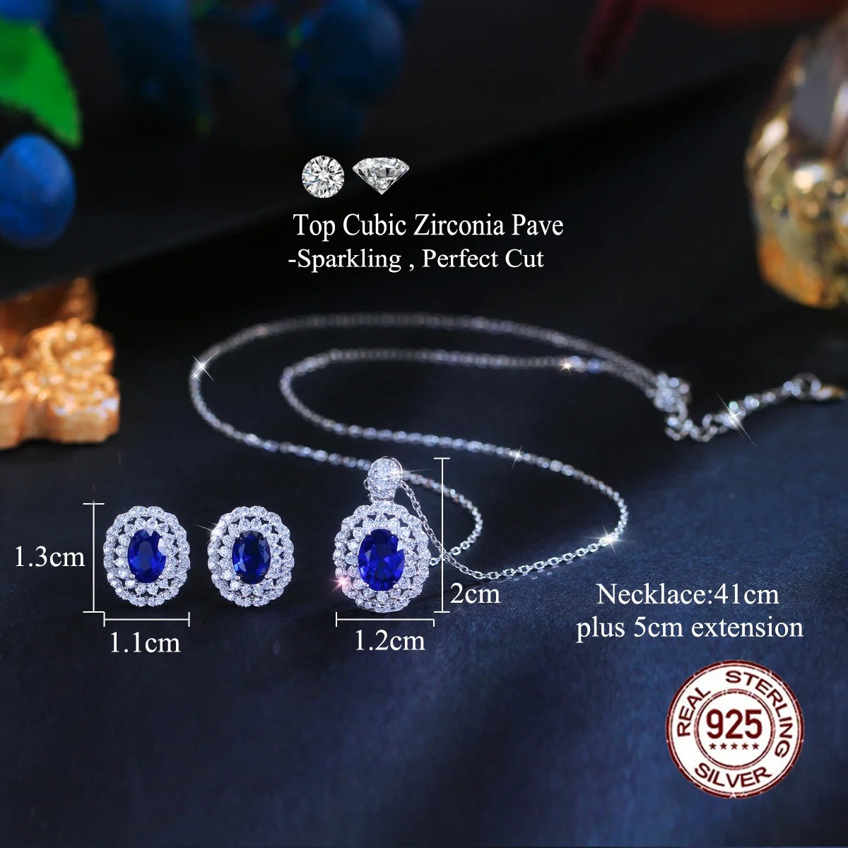 Vintage Style Royal Blue Cubic Zirconia 925 Solid Silver Necklace and Earring Set for Ladies Wedding Engagement Fine Jewelry Set