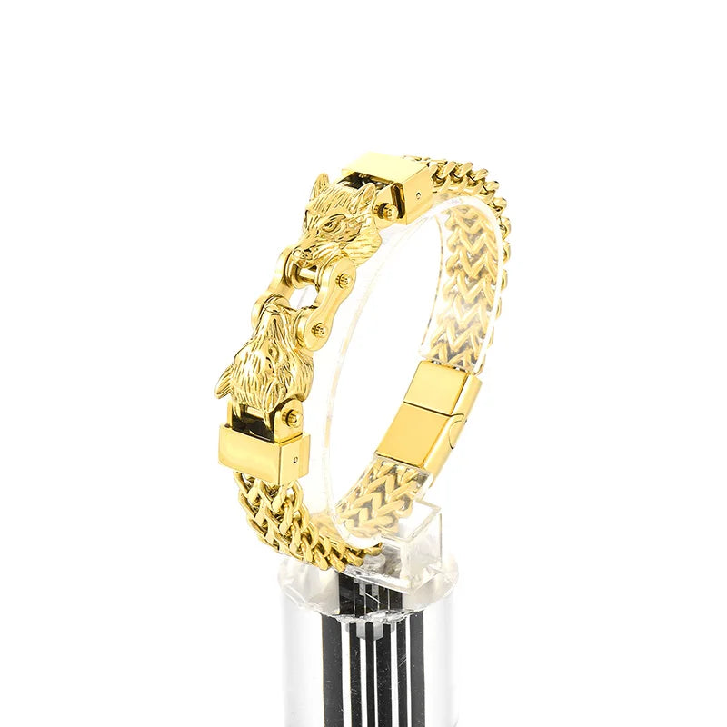 KALEN Men Punk Gold/Silver/Black/Oxidized Black Stainless Steel Wolf Head Charm Herringbone Chain Bracelet