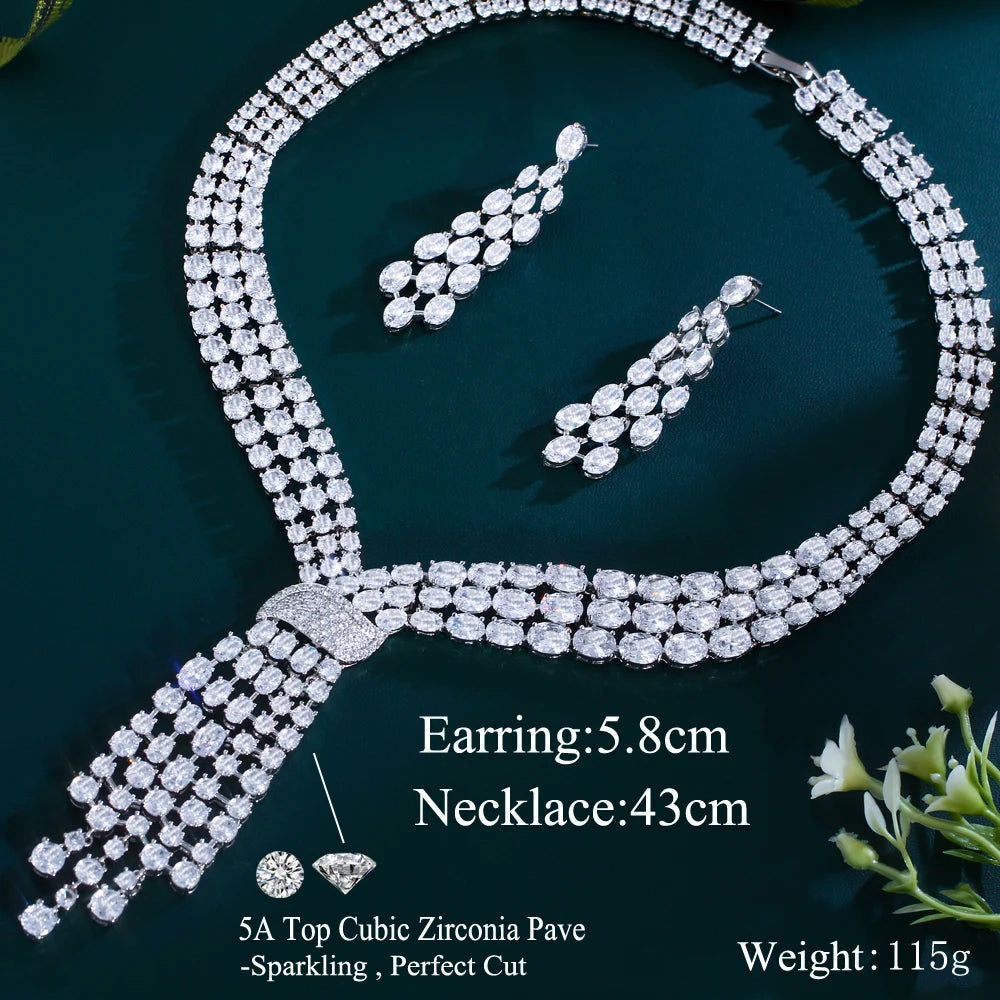 Super Shiny Luxury Cubic Zirconia Long Big Earrings and Necklace Set Party Wedding Bridal Jewelry Set for Women Jewellery
