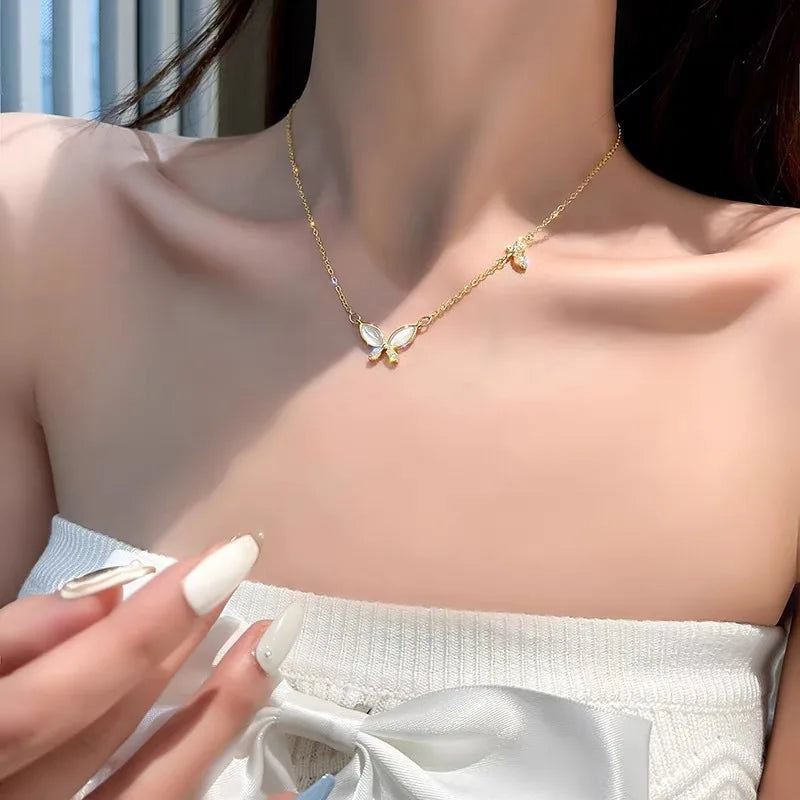 Gold-plated Iron Mother-of-Pearl Butterfly Pendant Necklace Bamboo Chain Sporty Stylish Versatile Light Luxury Unisex Design