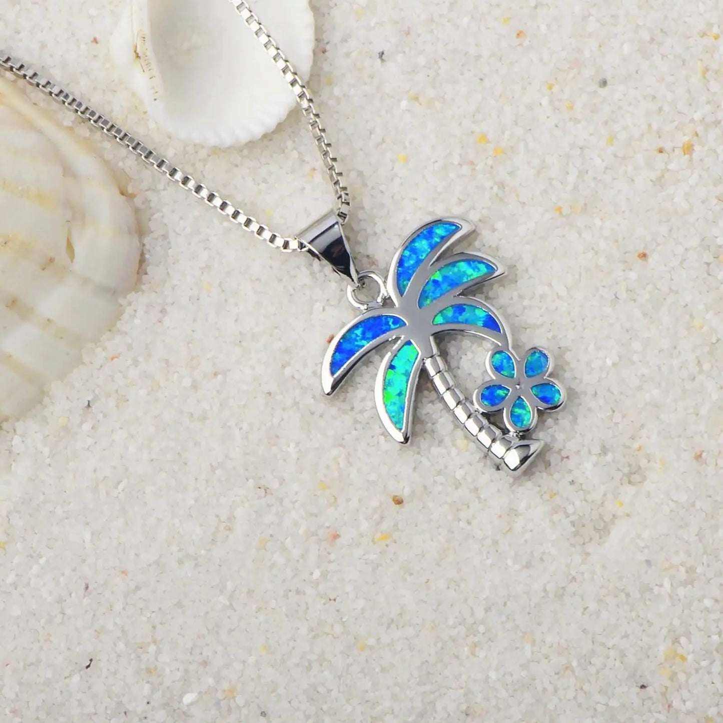 Aobao Wholesale Blue Copper Christian Link Chain Coconut Tree Flower Necklace Pendant Jewelry Inlaid with Opal