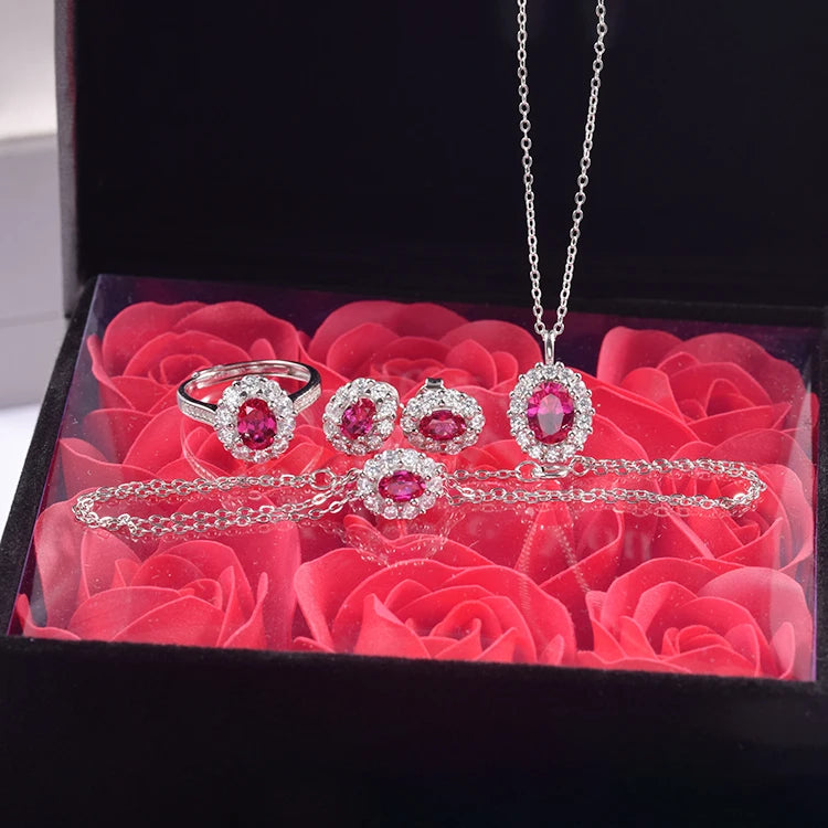 S&S 925 Silver Lab-Grown Ruby Jewellery | 18K White Gold Plated | Ring, Earrings, Pendant, Bracelet or Full Set