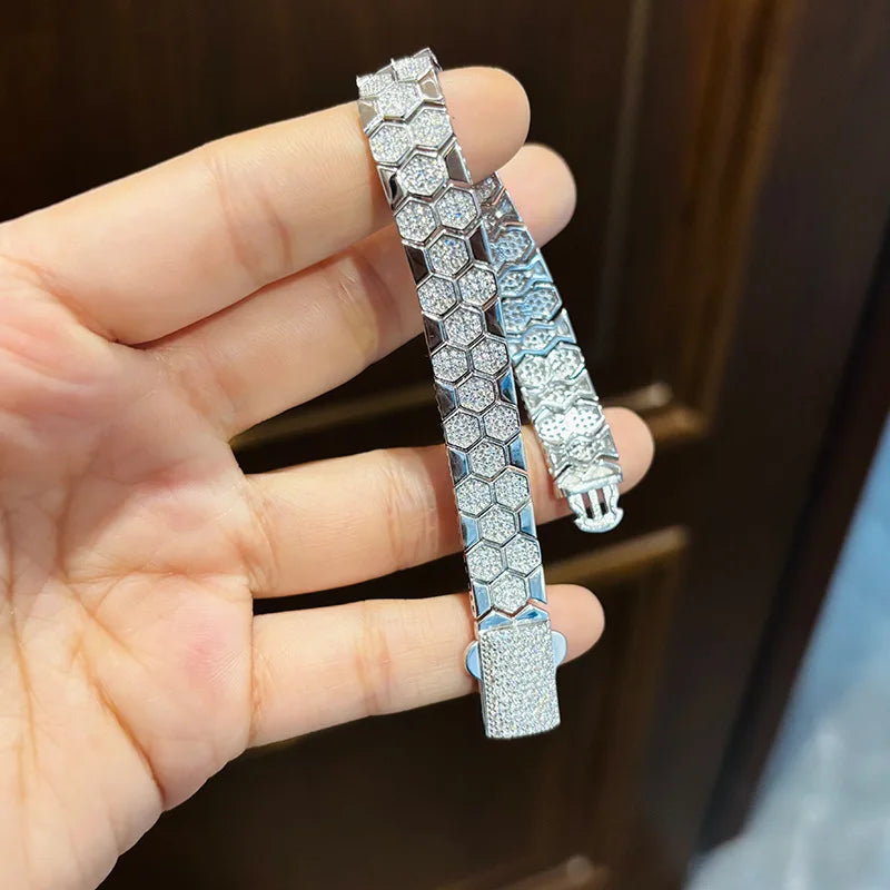 ArtistA 9 Factory 10mm Honeycomb Grid Micro-Pave VVS1 D Color Moissanite 925 Sterling Silver Multi-Size Fashion Design Bangle Bracelets