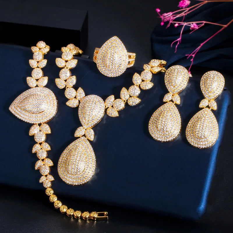Dubai Gold Super Luxury Big Water Drop Cubic Zirconia African Jewelry Sets CZ Women Dangle Earrings Necklace for Wedding Bridal