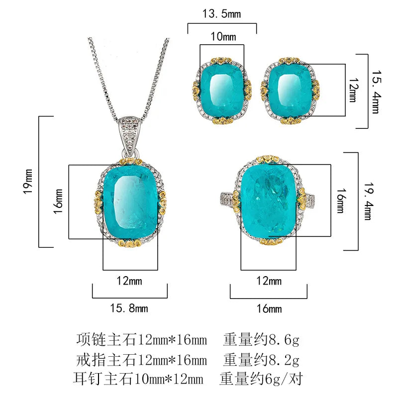 REDheart Women's Copper Inlaid Zircon Plated Two-Color Open Ring Copper Base Gold-Plated Imitation Paraiba Blue Wedding Party Set