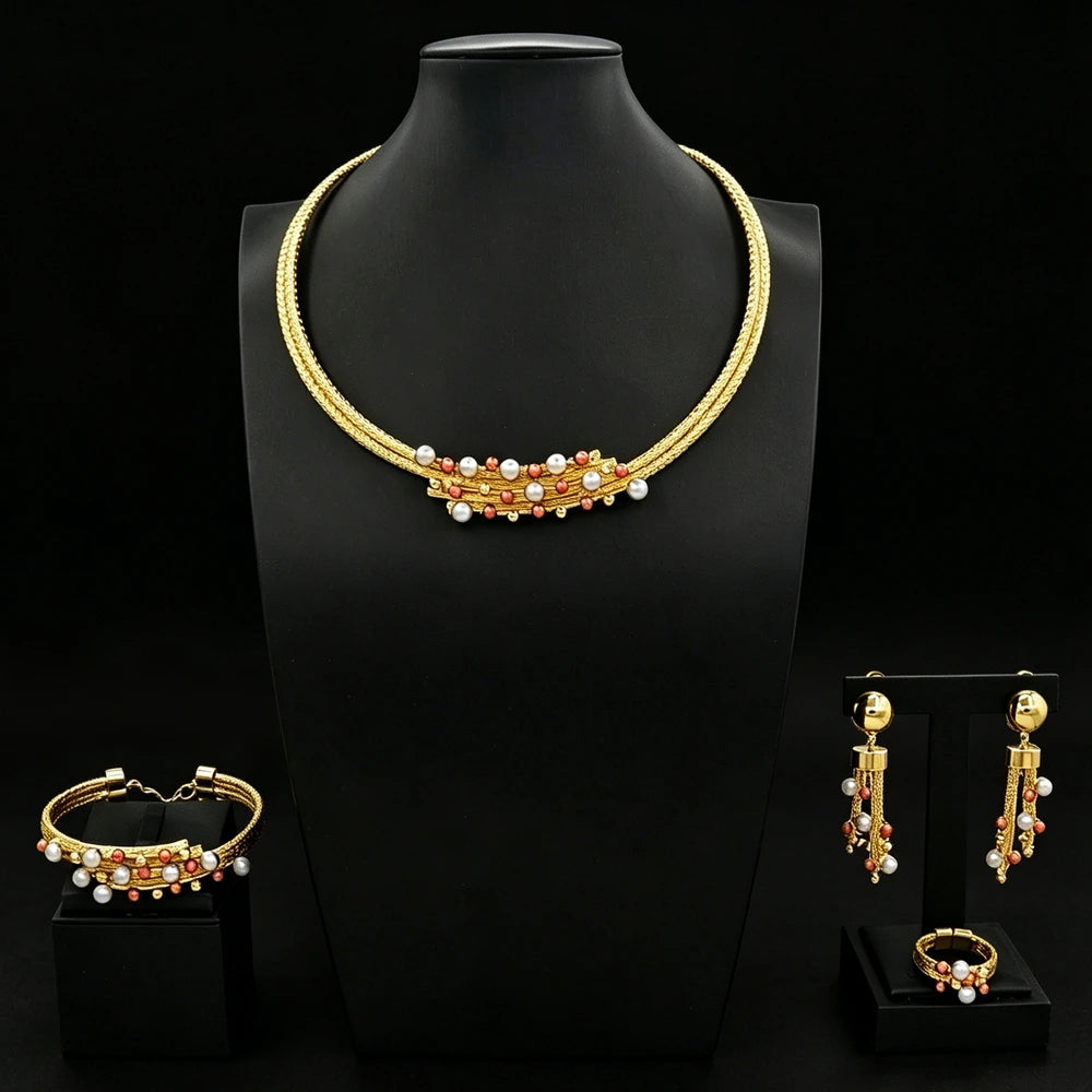 Zhuerrui African Italian Gold Plated Jewelry Set Bold Ribbed Twisted Geometric Choker for Women Wedding Banquet HS26006