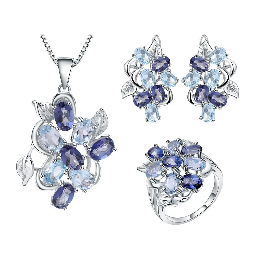ArtistA A025 Abiding Elegant Custom 925 Silver Natural London Blue Topaz Wedding Earring Necklace Ring Jewelry Set Women Girls