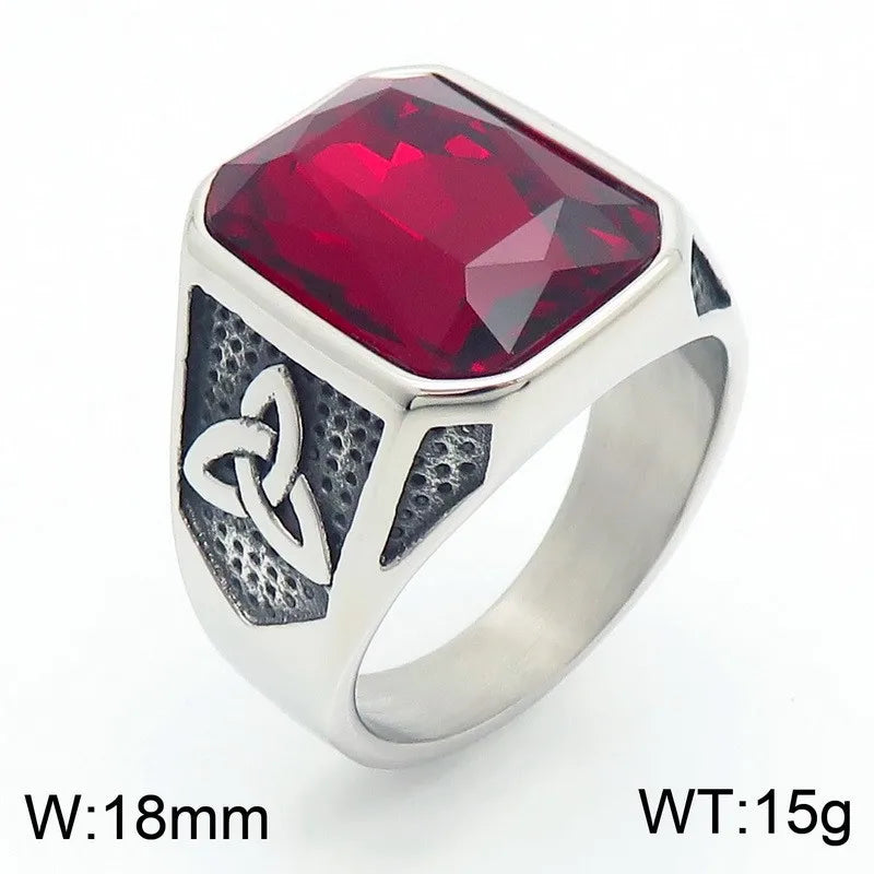Kalen Vintage Viking Jewelry Luxury Court Style Gemstone Carved Zircon Inlays Stainless Steel Men Rings
