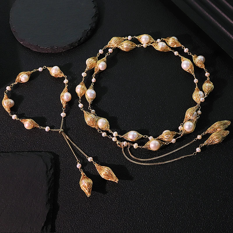 Double Layer Oval Natural Pearl Pull-Out Bracelet Necklace Set Handmade Adjustable Necklace Gift for Wife Women Jewelry GS0211