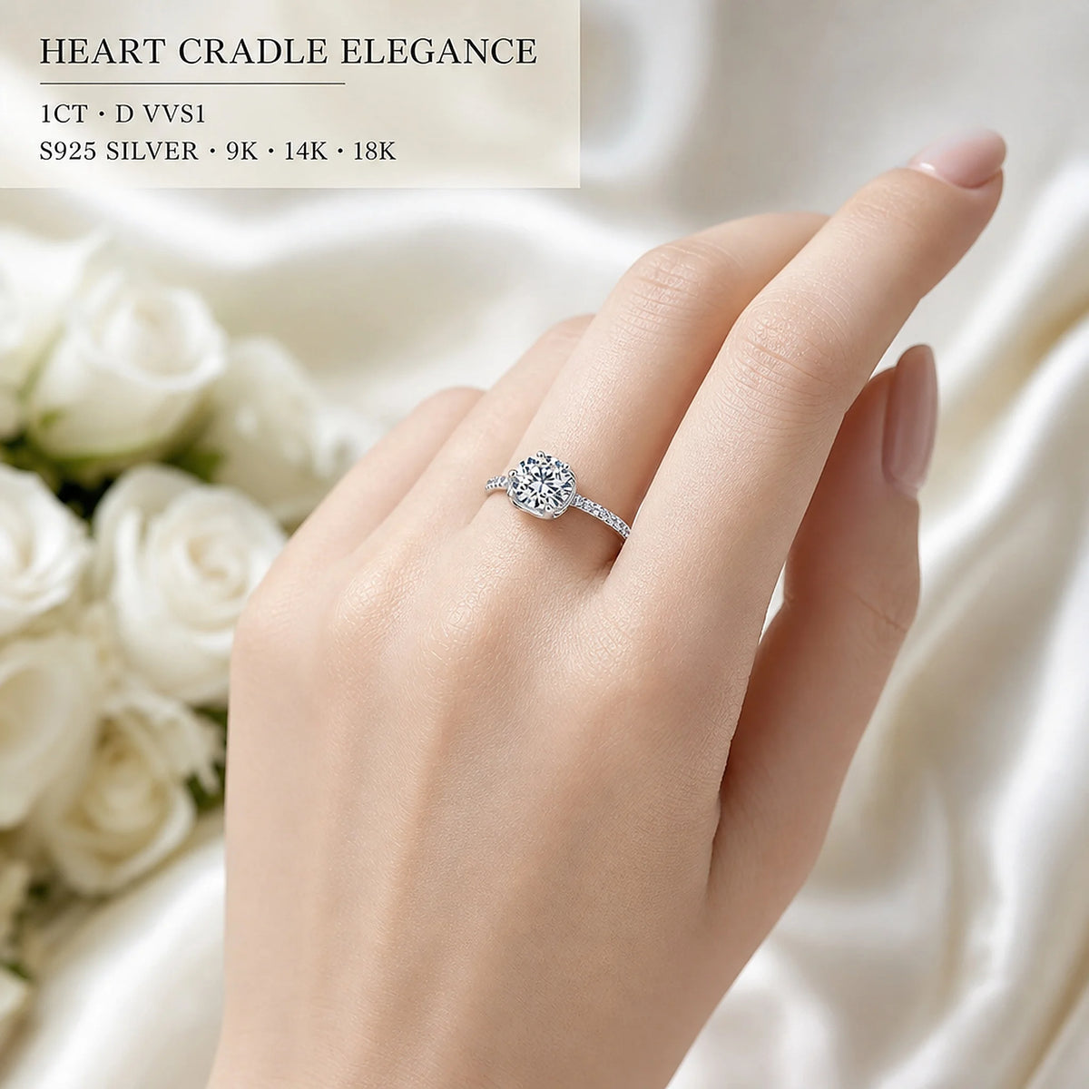 Gemfiori Elegant Lab Grown Diamond Ring 1Carat D VVS1 Half Pavé Band 9K/10K/14K/18K/PT950 Real Gold Women Premium Fine Jewelry