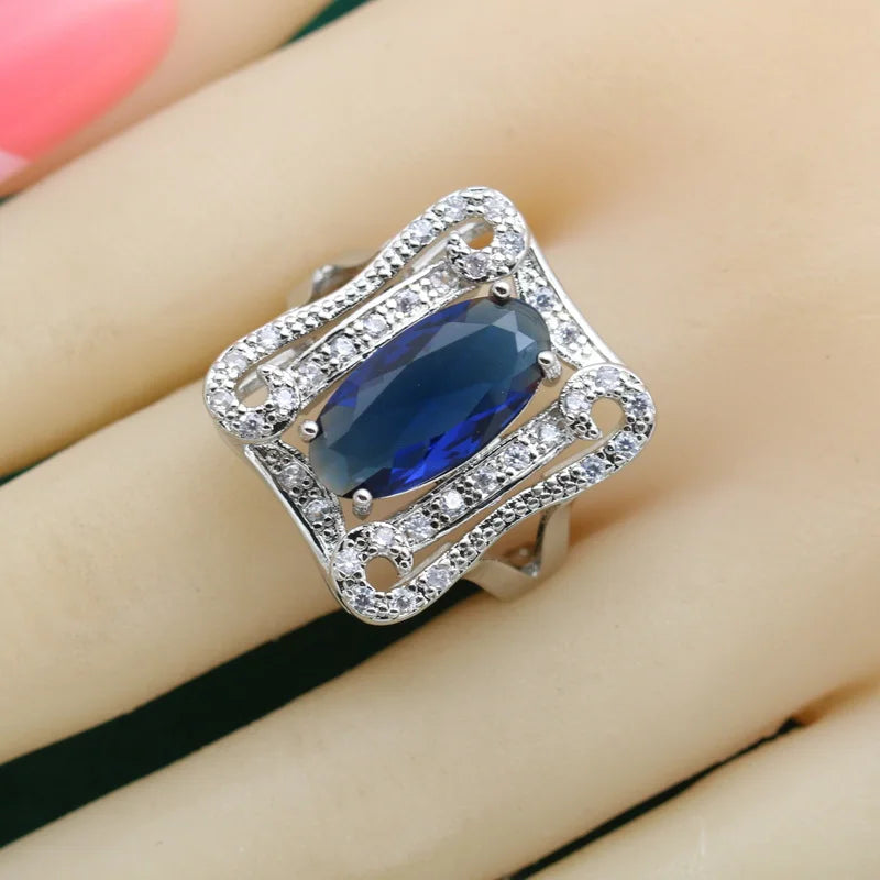 Luxury Fine Jewelry Silver Ring Custom Zircon with Blue Crystal for Wedding Women's Party Engagement Anniversary-Wholesale