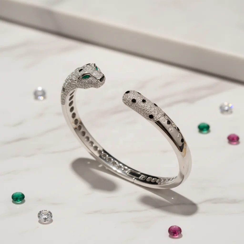 MUSHAN Jewelry Factory Luxury 925 Sterling Silver Leopard Bangle Women Synthetic Gemstones Enamel Animal Bangle Bracelet Jewelry
