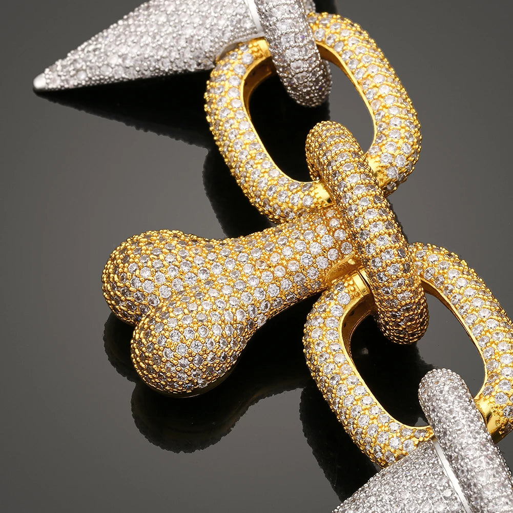 Xs Special Design Rapper's Jewelry 40mm Gold Plated Brass Full 5a Cz Iced Out Rivet Bone Cuban Link Chain for Men