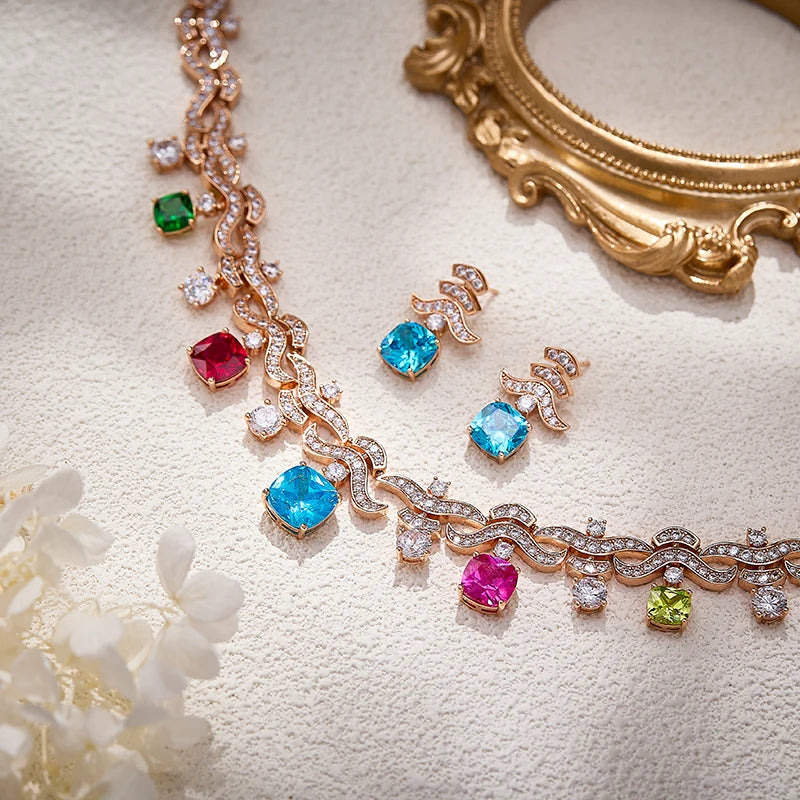 Colorful Zircon Brass Evening Gown Necklace Earring Set High-end Luxury  Dubai Fashionable Women's Jewelry