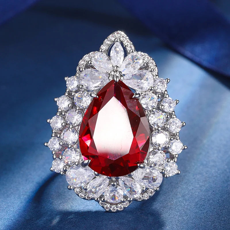 Gemfiori Luxury Pear Cut Gemstone Pendant Necklaces with Matching Ring Double Halo Design Elegant Statement Accessory for Wedding Jewelry