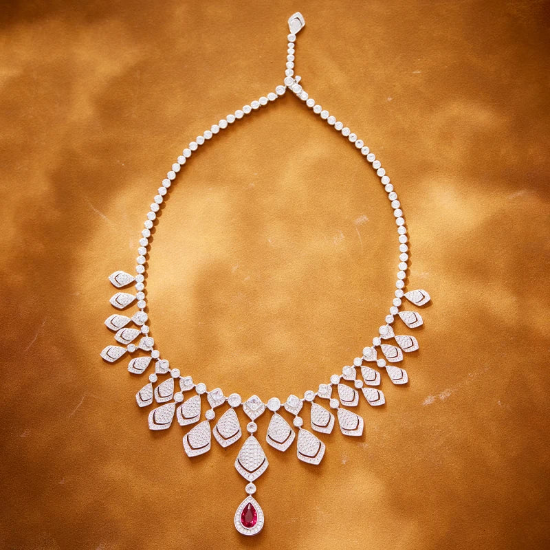 Luxury Jewelry, Banquet, Wedding, Necklace and Earring Set of Brass Gold-plated Colored Zircon Stones
