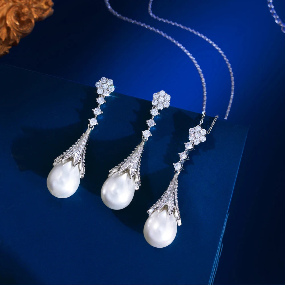 Exquisite Shiny Cubic Zircon Simulated Pearl Pendant Necklace and Earrings Bridal Wedding Party Pearls Jewelry Set for Women
