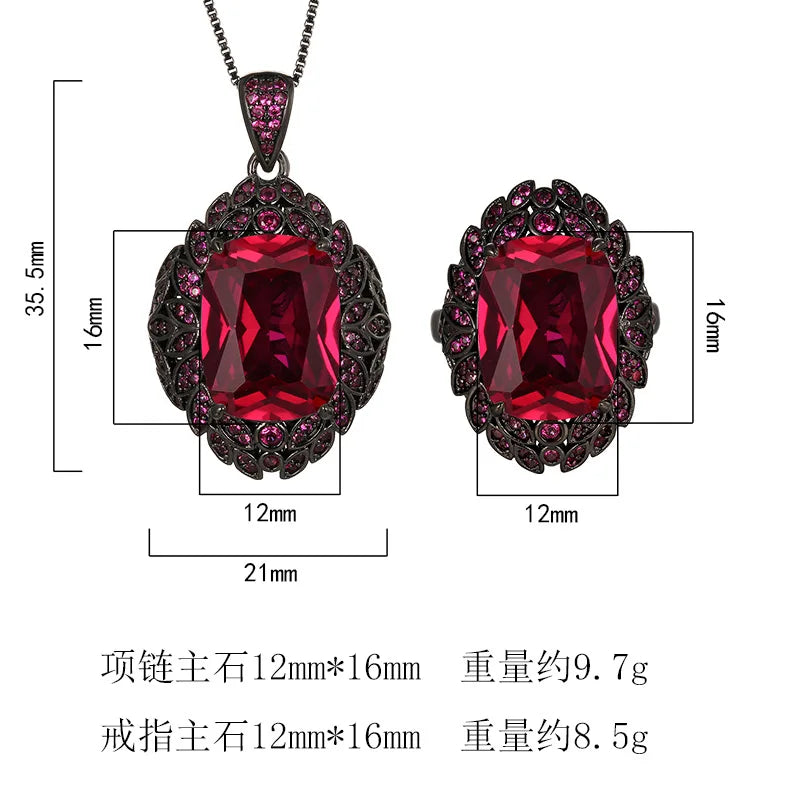 REDheart Fashion Women's Copper Inlaid Zircon Plated Black Gold Anniversary Activity Opening Ring Imitation Leaf Red Corundum Pendant Set